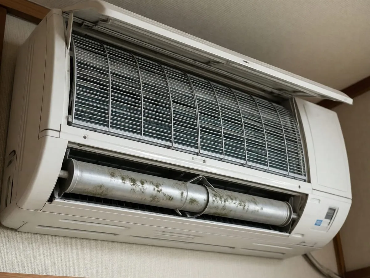 家庭用エアコンの室内機の中のフィンと送風ファン（イメージ）